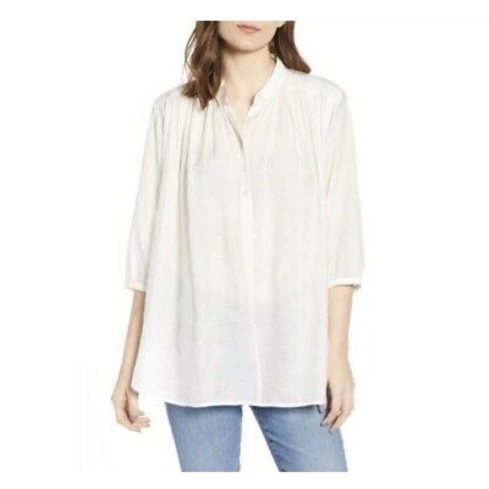 Rebecca‎ Minkoff White Textured Band Collar Tunic Blouse Top Womens L